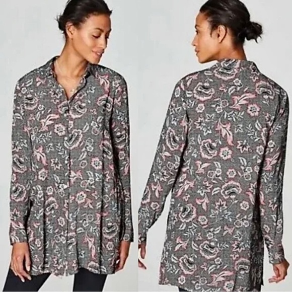 J. Jill Marvelflor Black Floral Print Button Up Side Slit Tunic Top L Petite - Picture 1 of 12
